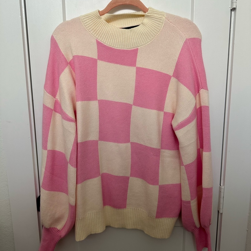 Pink and Cream Checkered Sweater